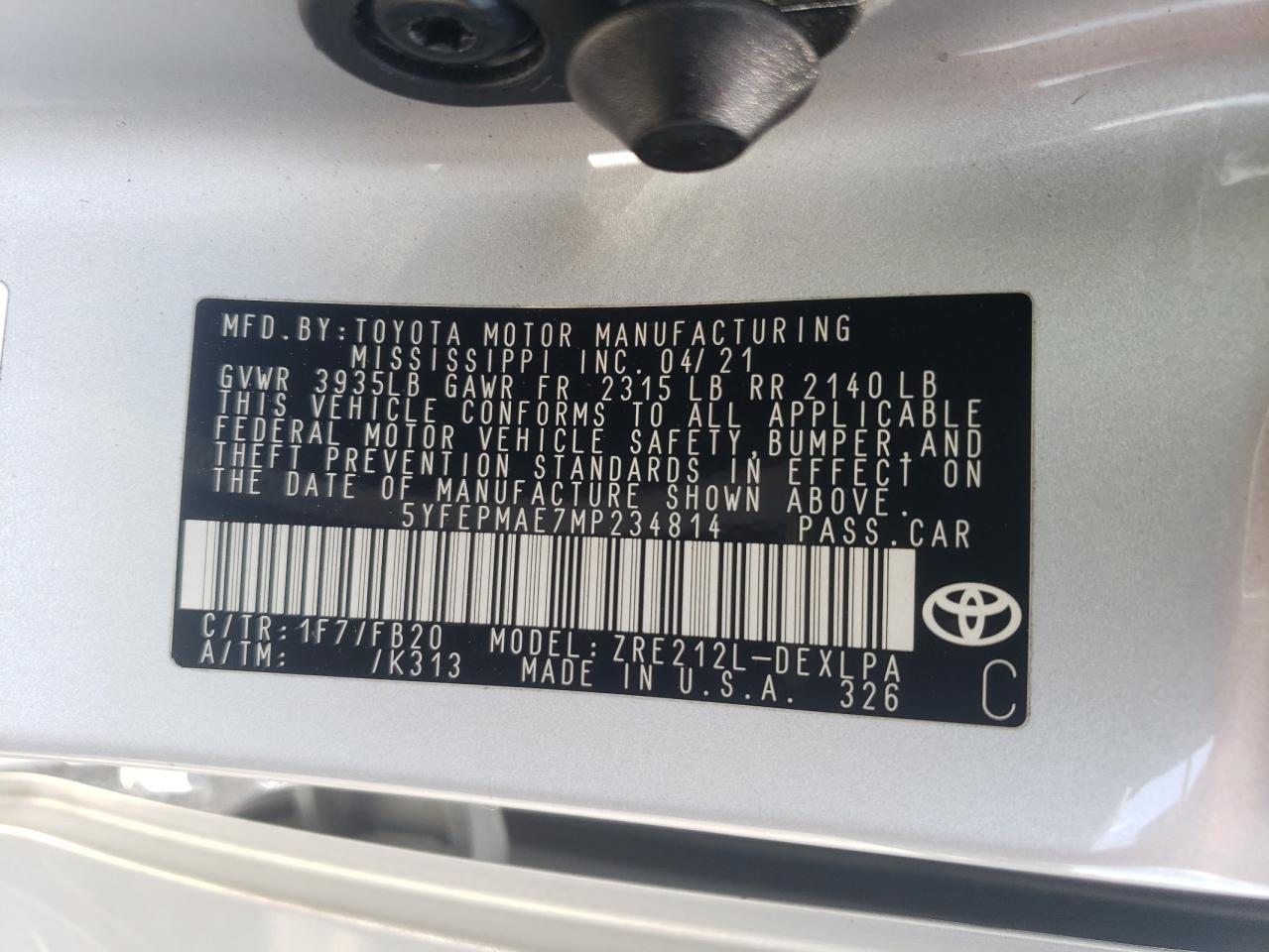2021 Toyota Corolla VIN 5YFEPMAE7MP234814 Copart auction photo, rear end damage thumbnail 12