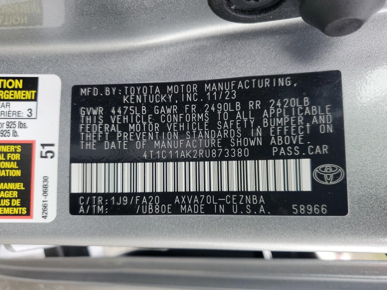2024 Toyota Camry VIN 4T1C11AK2RU873380 Copart auction photo, front end damage thumbnail 12