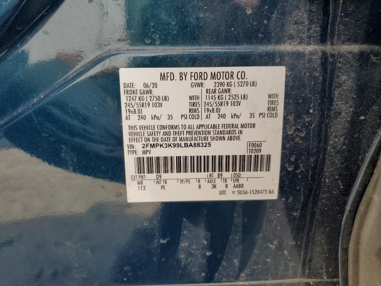 2020 Ford Edge VIN 2FMPK3K99LBA88325 Copart auction photo, front end damage thumbnail 15
