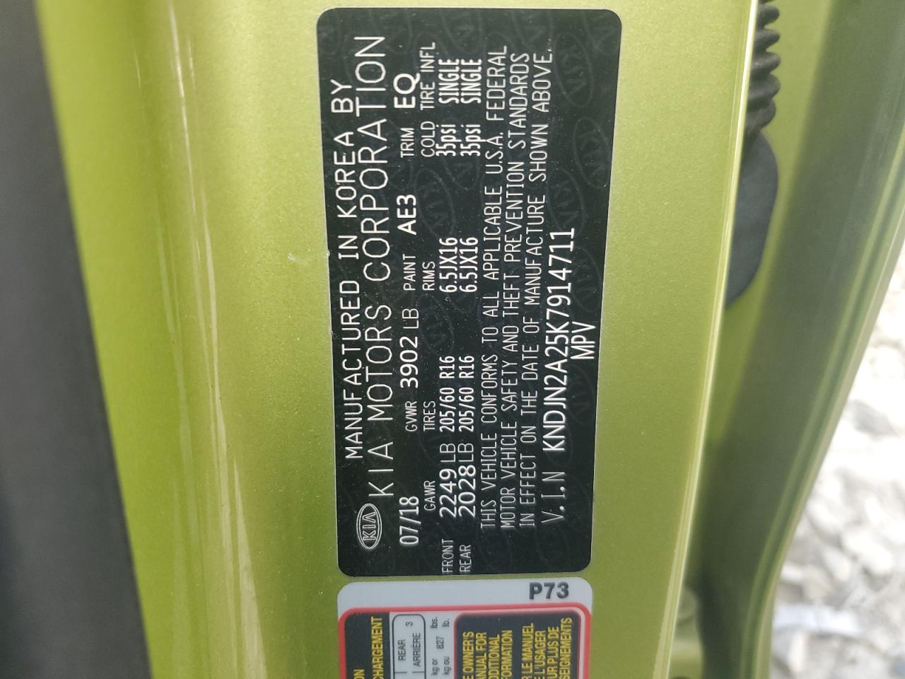 2019 KIA Soul VIN KNDJN2A25K7914711 Copart auction photo, vandalism damage thumbnail 12