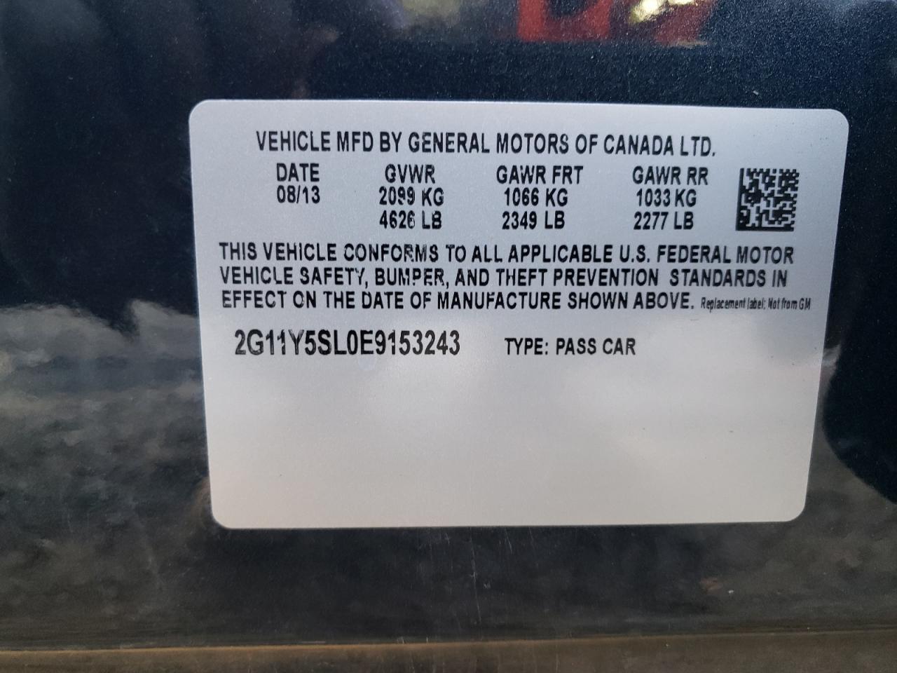 2014 Chevrolet Impala VIN 2G11Y5SL0E9153243 Copart auction photo, front end / side damage thumbnail 12