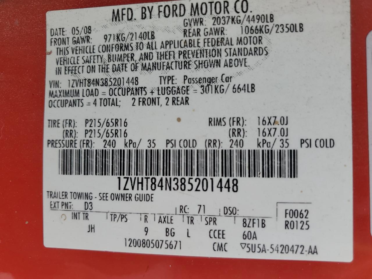 2008 Ford Mustang VIN 1ZVHT84N385201448 Copart auction photo, rear end / front end damage thumbnail 12