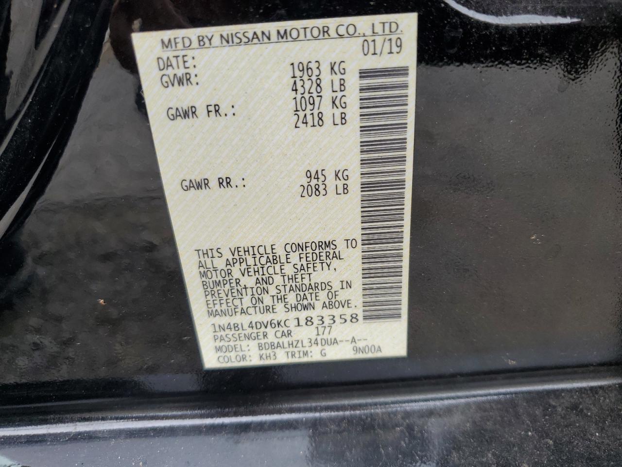 2019 Nissan Altima VIN 1N4BL4DV6KC183358 Copart auction photo, all over damage thumbnail 14
