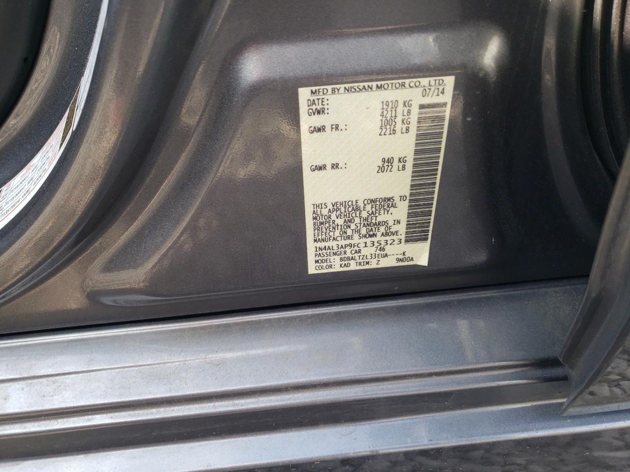 2015 Nissan Altima VIN 1N4AL3AP9FC135323 Copart auction photo, front end damage thumbnail 13