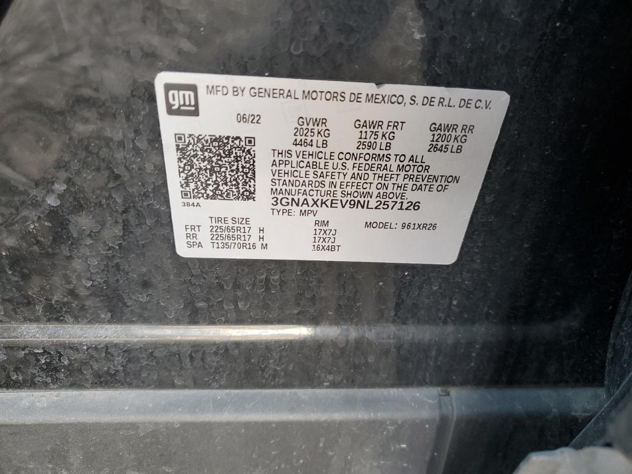 2022 Chevrolet Equinox VIN 3GNAXKEV9NL257126 Copart auction photo, front end damage thumbnail 13