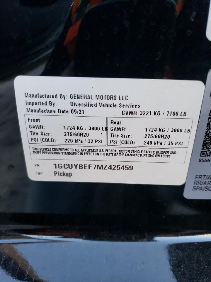 2021 Chevrolet Silverado VIN 1GCUYBEF7MZ425459 Copart auction photo, front end / minor dent/scratches damage thumbnail 12
