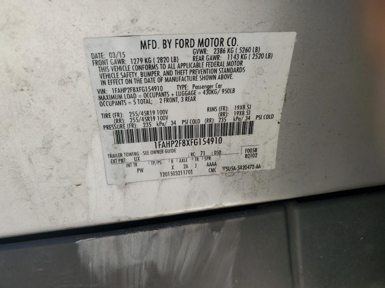 2015 Ford Taurus VIN 1FAHP2F8XFG154910 Copart auction photo, rear end damage thumbnail 12