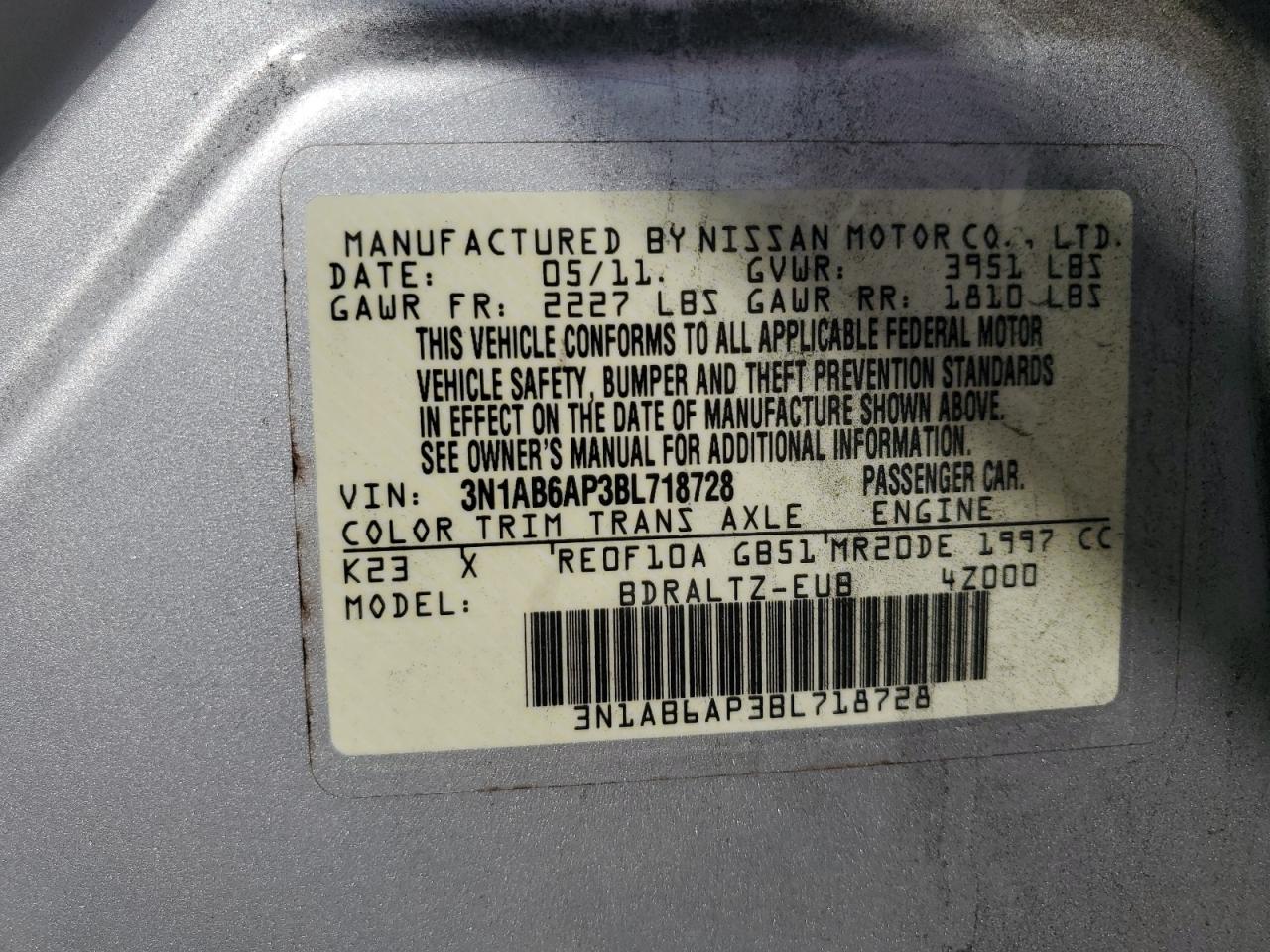 2011 Nissan Sentra VIN 3N1AB6AP3BL718728 Copart auction photo, frame damage / top/roof damage thumbnail 12