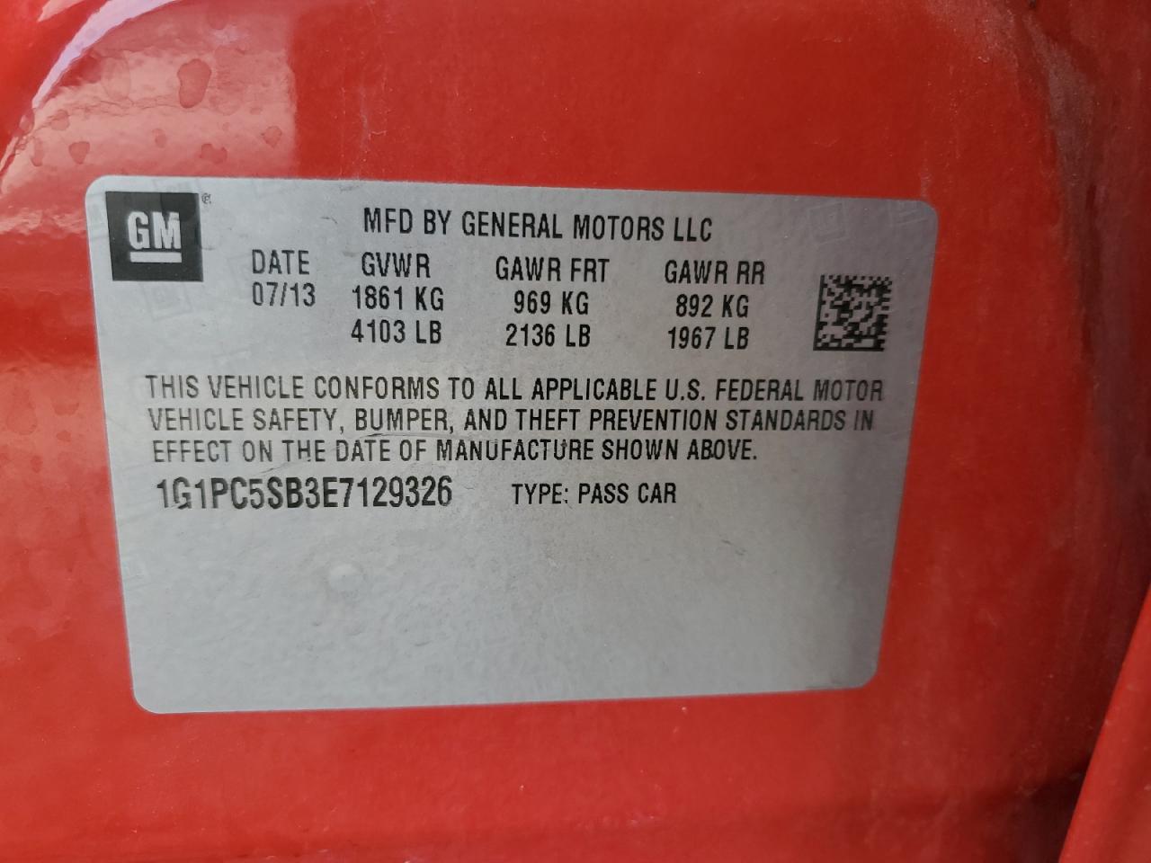 2014 Chevrolet Cruze VIN 1G1PC5SB3E7129326 Copart auction photo, front end damage thumbnail 12
