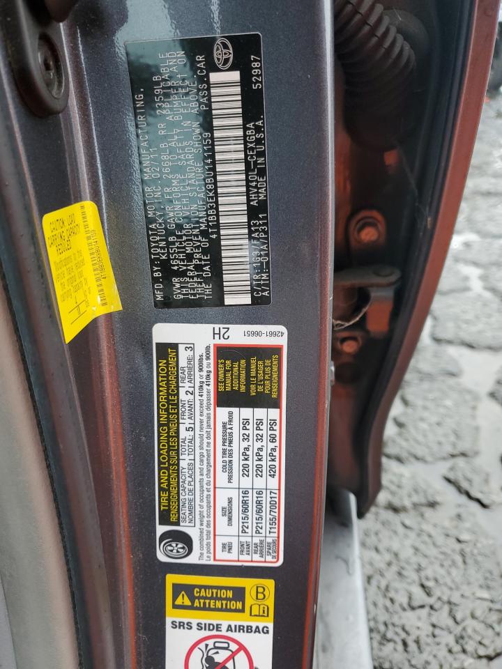 2011 Toyota Camry VIN 4T1BB3EK8BU141159 Copart auction photo, front end / all over damage thumbnail 12