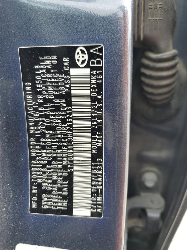 2017 Toyota Corolla VIN 5YFBURHE3HP716216 Copart auction photo, rear end / front end damage thumbnail 12