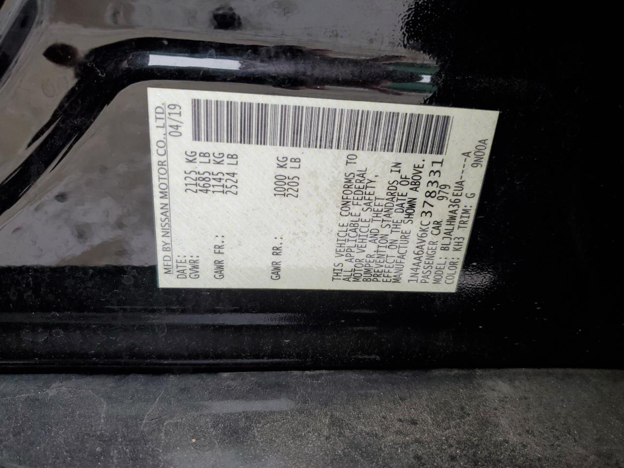 2019 Nissan Maxima VIN 1N4AA6AV6KC378331 Copart auction photo, front end damage thumbnail 12