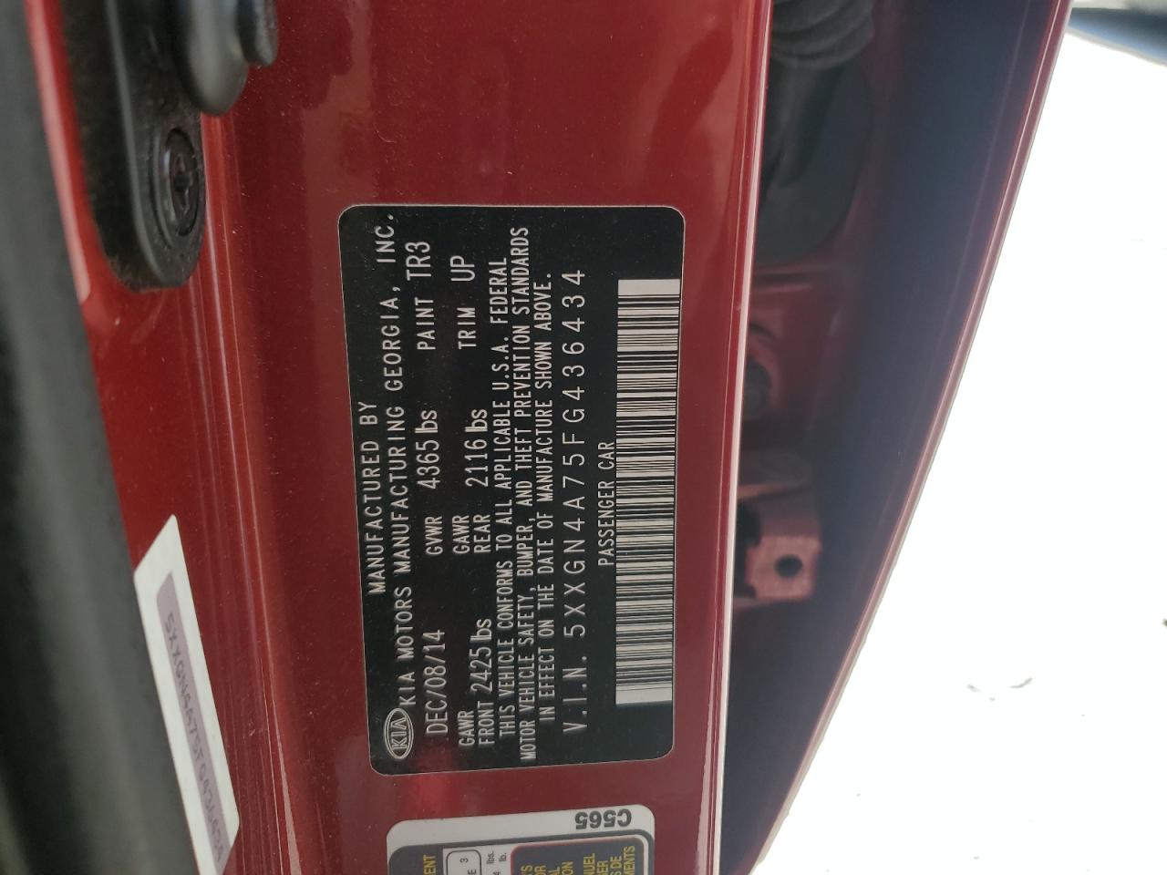 2015 KIA Optima VIN 5XXGN4A75FG436434 Copart auction photo, rear end / front end damage thumbnail 14