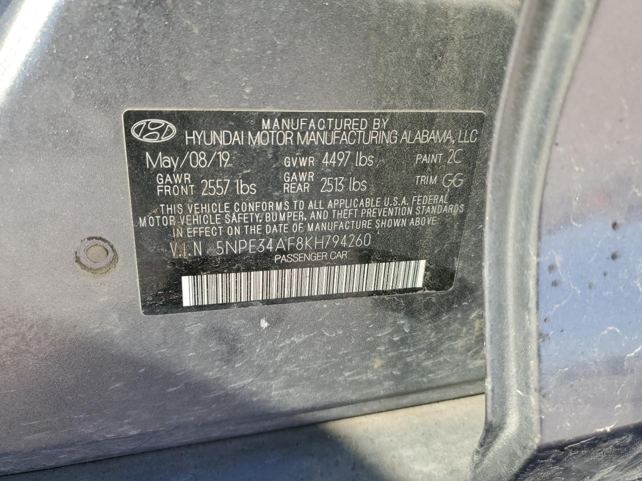 2019 Hyundai Sonata VIN 5NPE34AF8KH794260 Copart auction photo, front end / rear end damage thumbnail 14