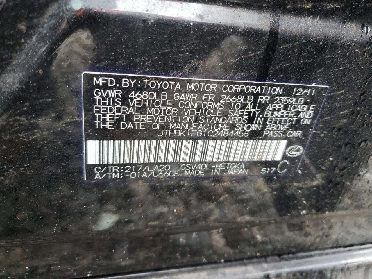 2012 Lexus ES VIN JTHBK1EG1C2484458 Copart auction photo, all over damage thumbnail 13