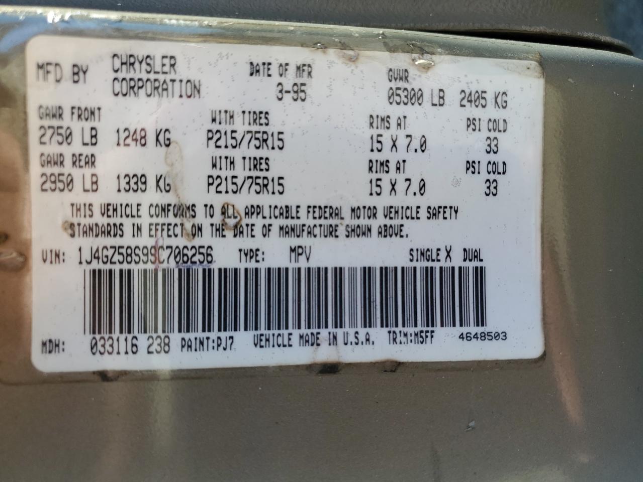 1995 Jeep Grand Cherokee VIN 1J4GZ58S9SC706256 Copart auction photo, front end damage thumbnail 12