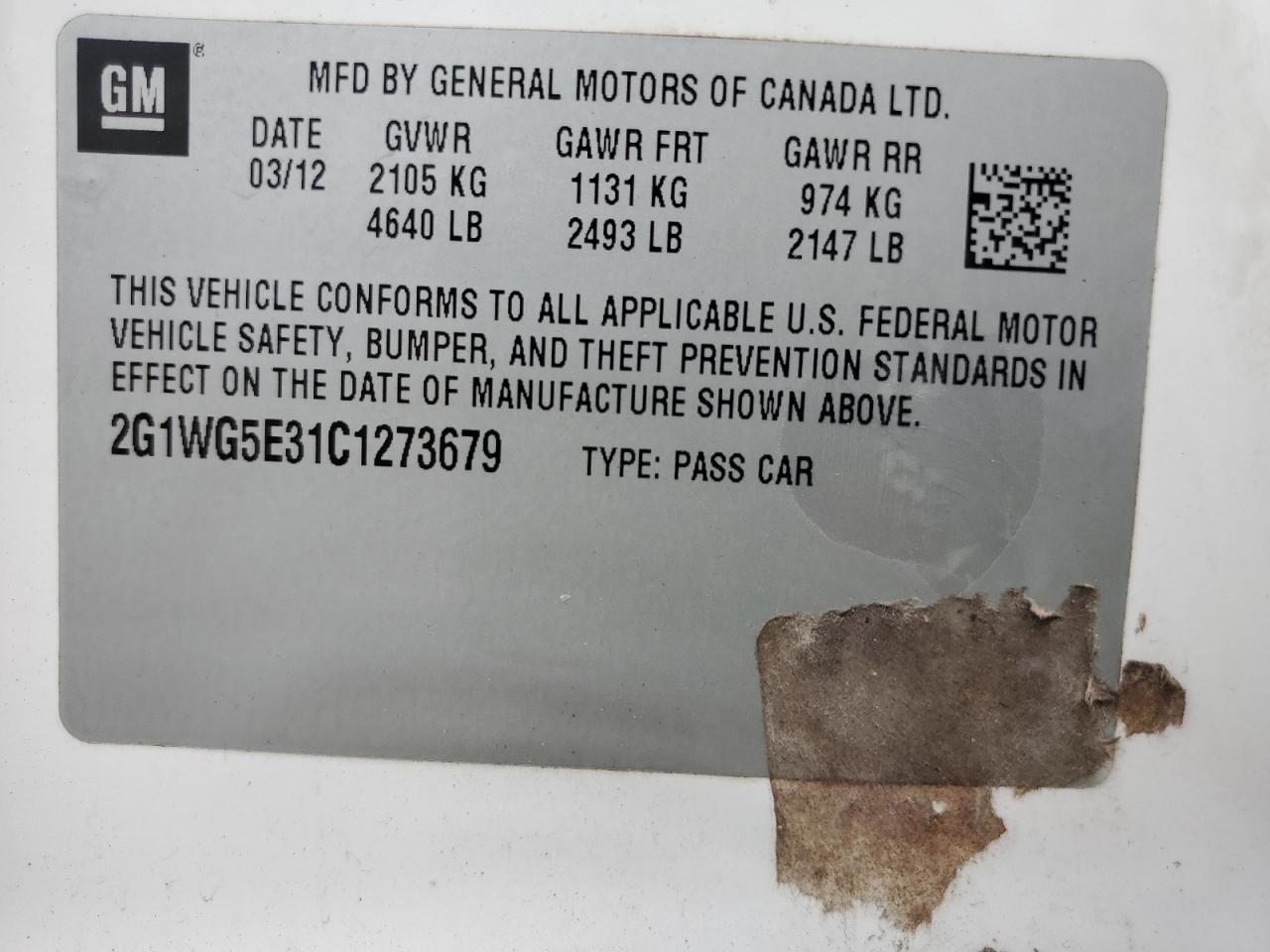 2012 Chevrolet Impala VIN 2G1WG5E31C1273679 Copart auction photo, all over damage thumbnail 13