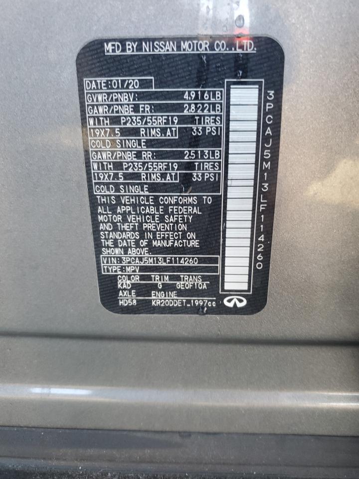 2020 Infiniti QX50 VIN 3PCAJ5M13LF114260 Copart auction photo, front end / side damage thumbnail 13
