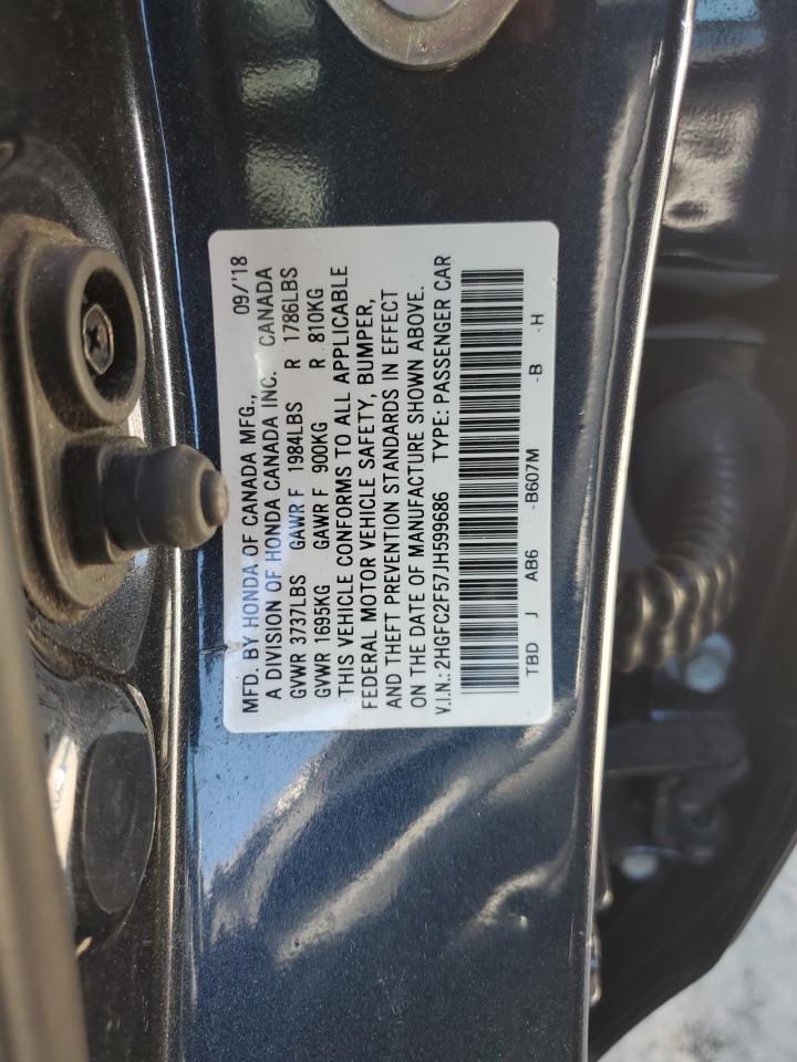 2018 Honda Civic VIN 2HGFC2F57JH599686 Copart auction photo, front end / side damage thumbnail 12