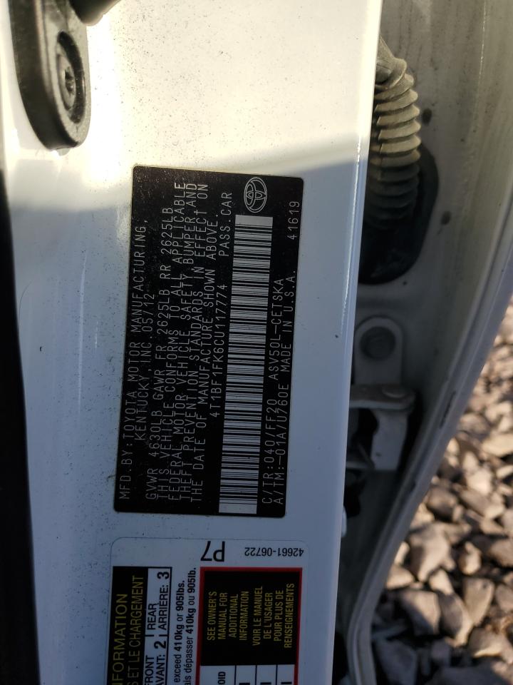 2012 Toyota Camry VIN 4T1BF1FK6CU117774 Copart auction photo, front end damage thumbnail 15