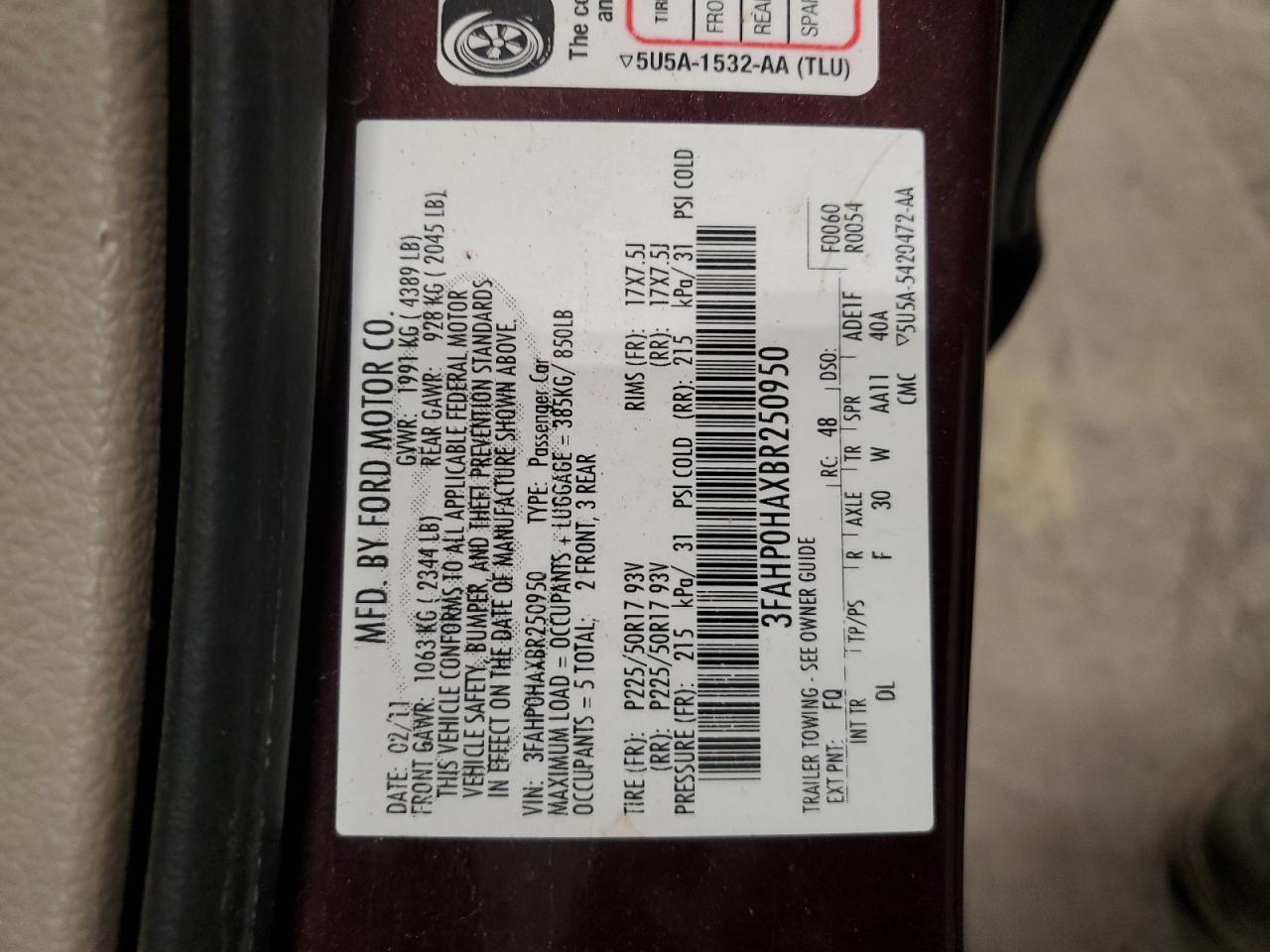 2011 Ford Fusion VIN 3FAHP0HAXBR250950 Copart auction photo, minor dent/scratches damage thumbnail 12