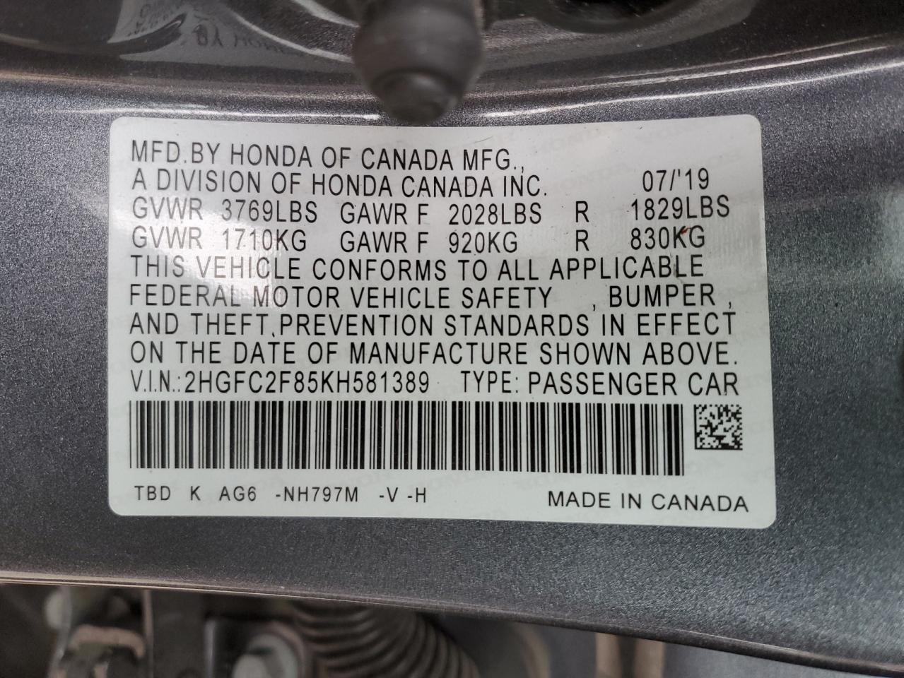 2019 Honda Civic VIN 2HGFC2F85KH581389 Copart auction photo, front end / rear end damage thumbnail 12