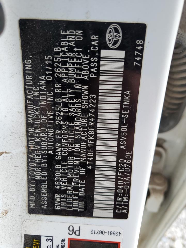 2015 Toyota Camry VIN 4T4BF1FK8FR474223 Copart auction photo, rear end damage thumbnail 14