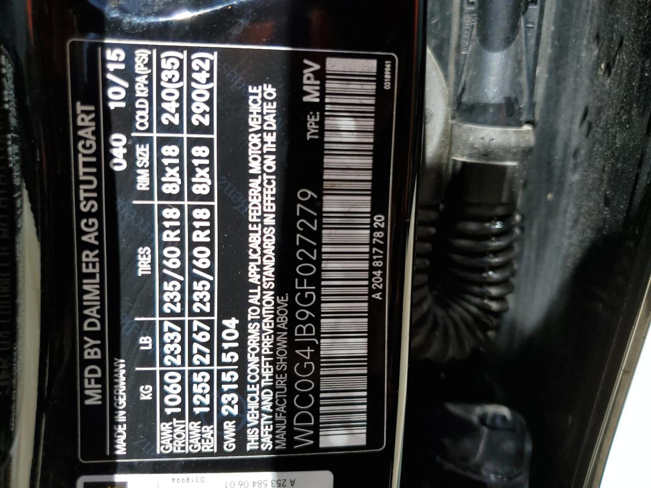 2016 Mercedes-Benz GLC VIN WDC0G4JB9GF027279 Copart auction photo, front end damage thumbnail 13