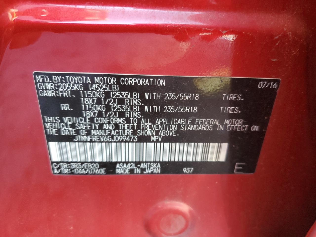 2016 Toyota RAV 4 VIN JTMNFREV6GJ099473 Copart auction photo, front end damage thumbnail 14