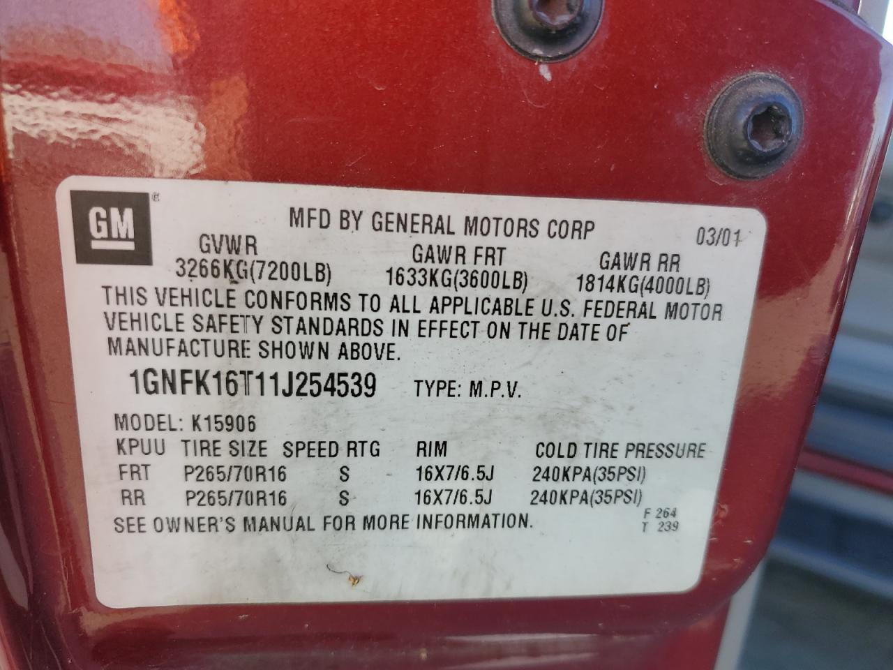 2001 Chevrolet Suburban VIN 1GNFK16T11J254539 Copart auction photo, all over damage thumbnail 12