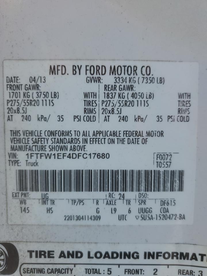 2013 Ford F-150 VIN 1FTFW1EF4DFC17680 Copart auction photo, front end damage thumbnail 12