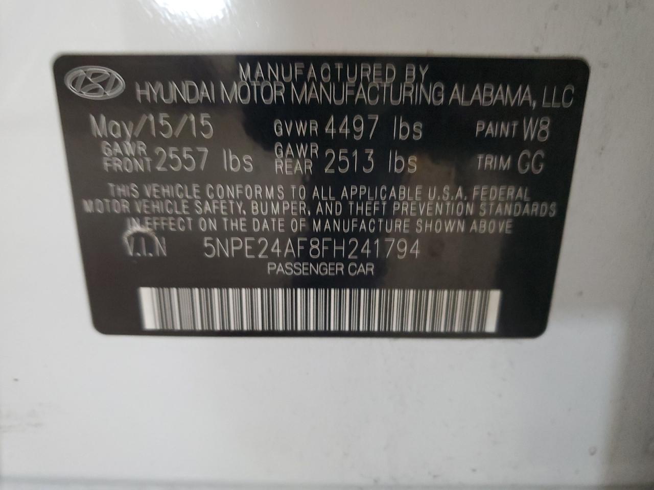 2015 Hyundai Sonata VIN 5NPE24AF8FH241794 Copart auction photo, vandalism / minor dent/scratches damage thumbnail 12