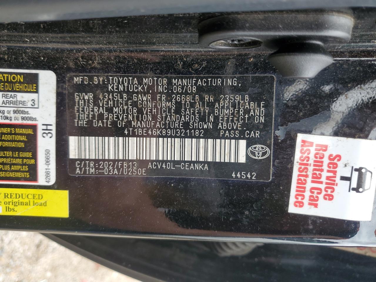 2009 Toyota Camry VIN 4T1BE46K89U321182 Copart auction photo, side / front end damage thumbnail 14