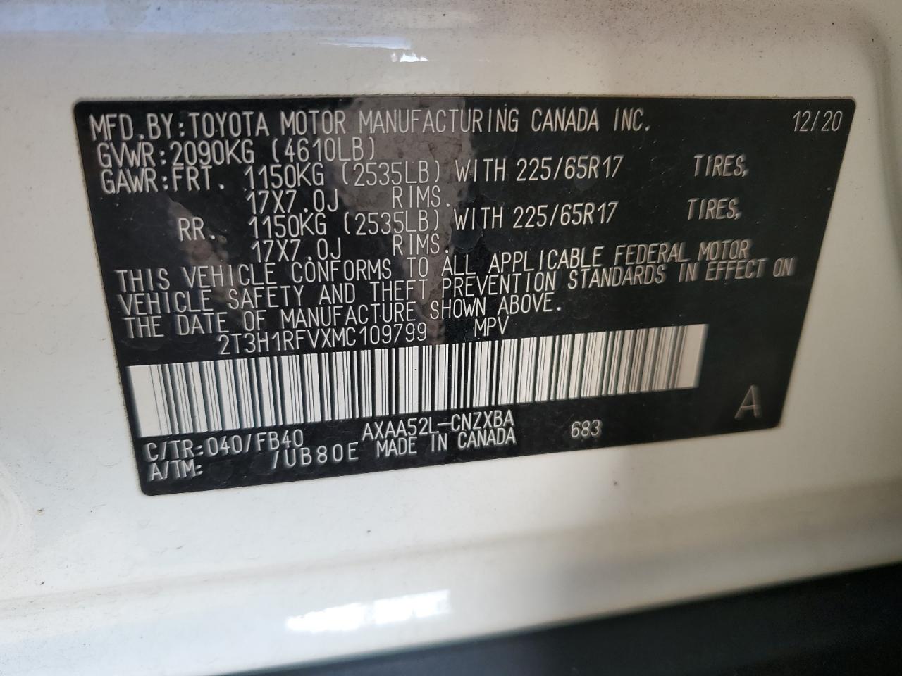 2021 Toyota RAV 4 VIN 2T3H1RFVXMC109799 Copart auction photo, rear end / front end damage thumbnail 15