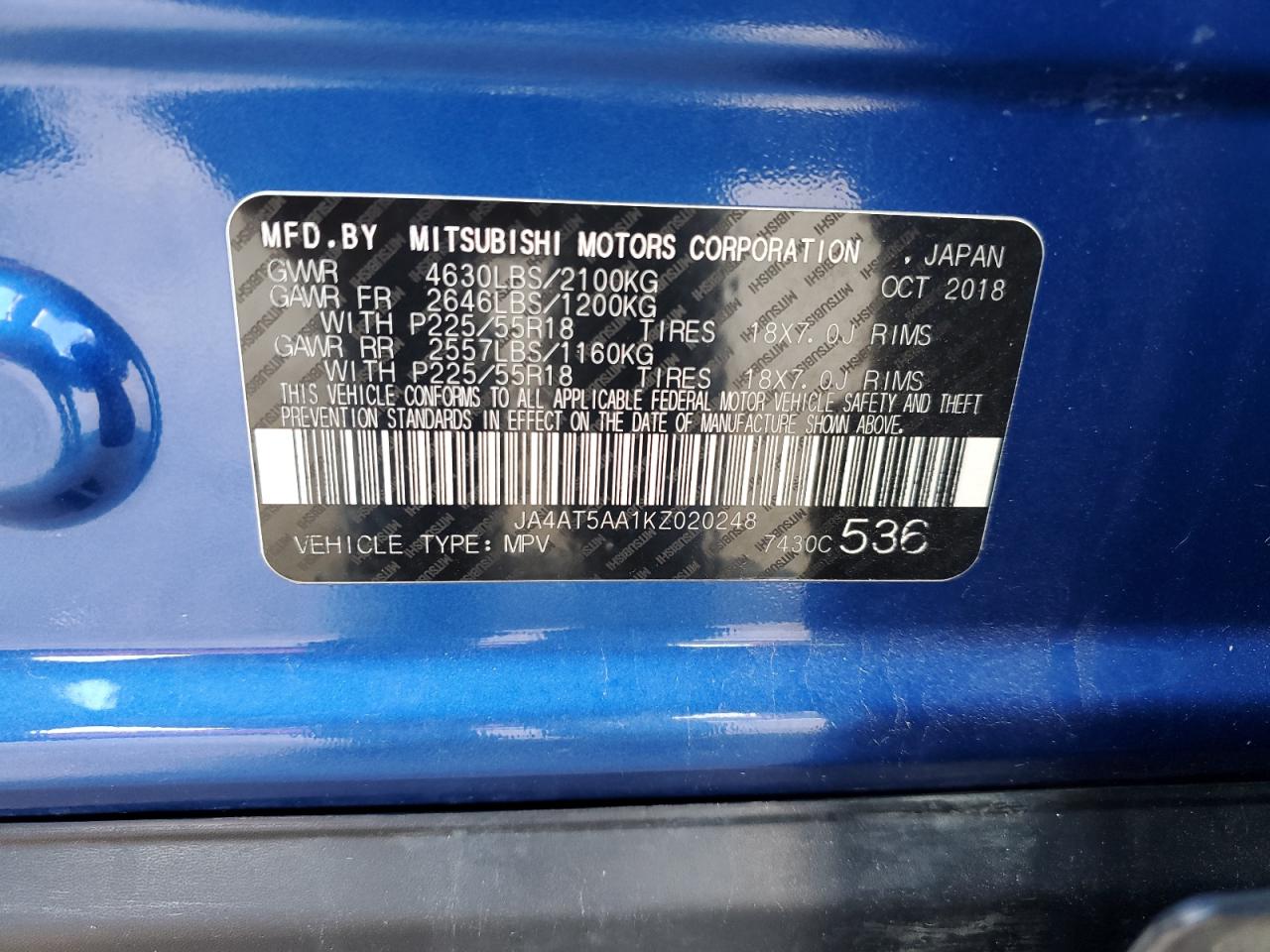 2019 Mitsubishi Eclipse VIN JA4AT5AA1KZ020248 Copart auction photo, front end / top/roof damage thumbnail 14