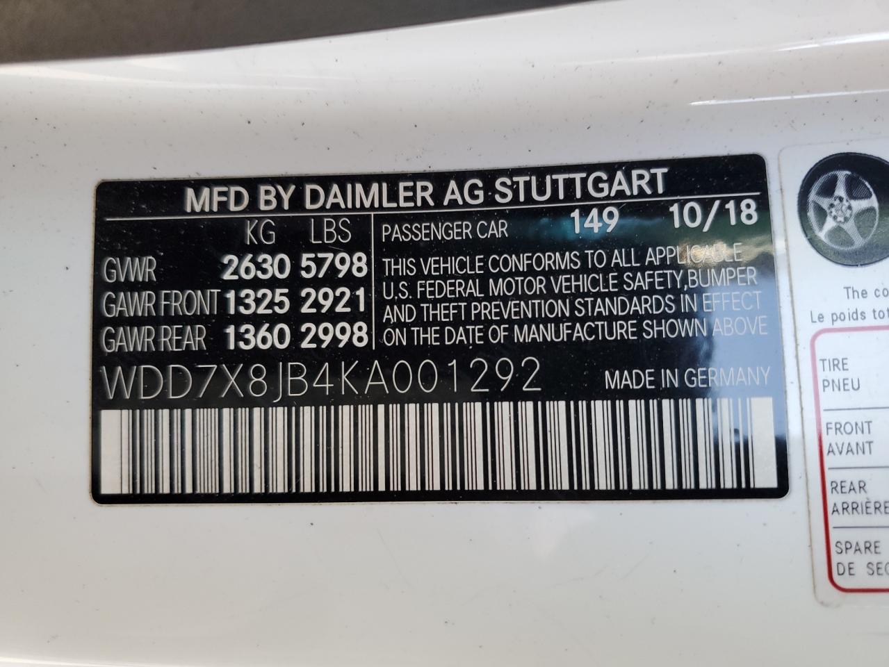 2019 Mercedes-Benz AMG GT VIN WDD7X8JB4KA001292 Copart auction photo, front end / rear end damage thumbnail 15