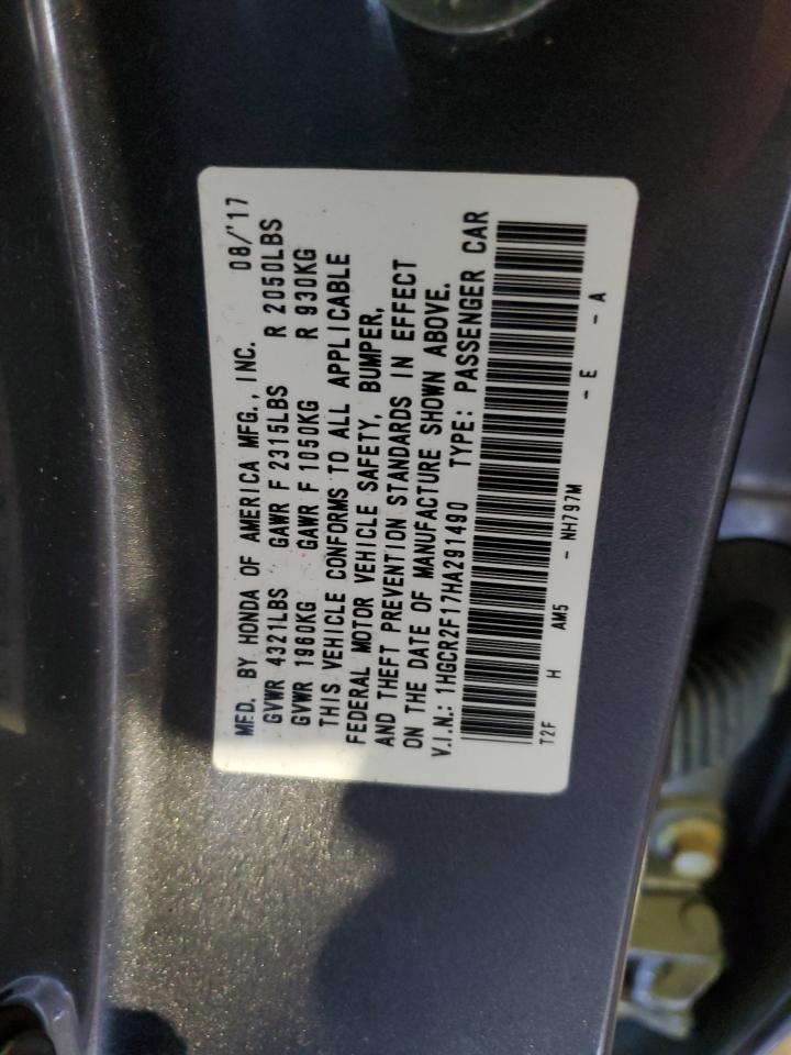2017 Honda Accord VIN 1HGCR2F17HA291490 Copart auction photo, front end / minor dent/scratches damage thumbnail 14