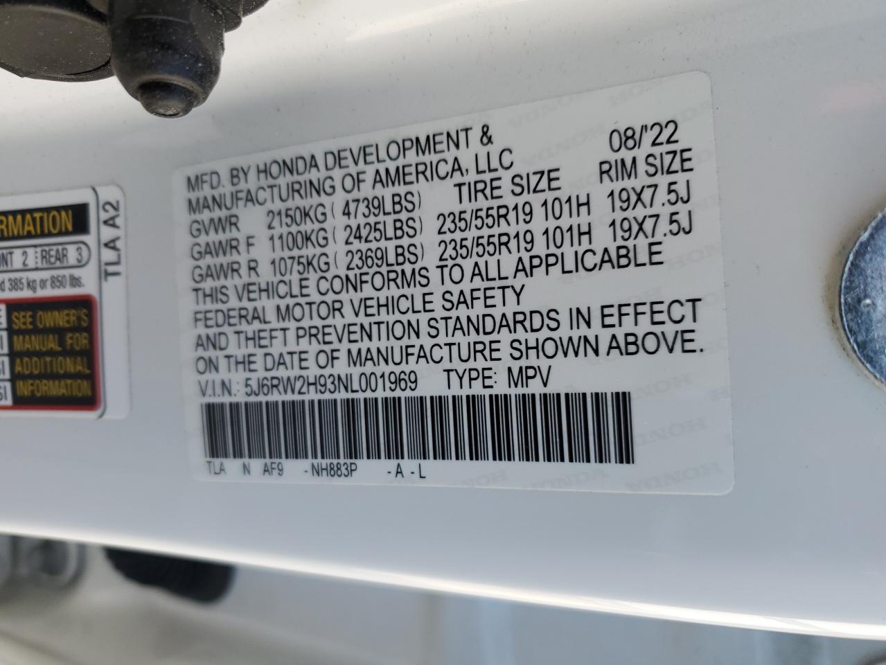 2022 Honda CR-V VIN 5J6RW2H93NL001969 Copart auction photo, front end damage thumbnail 15