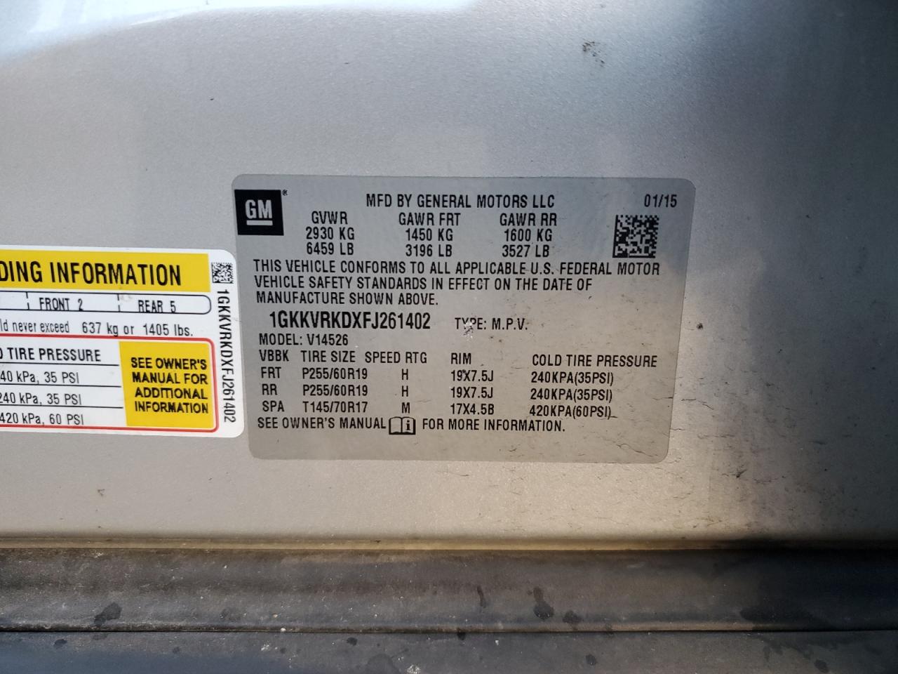 2015 GMC Acadia VIN 1GKKVRKDXFJ261402 Copart auction photo, side damage thumbnail 15
