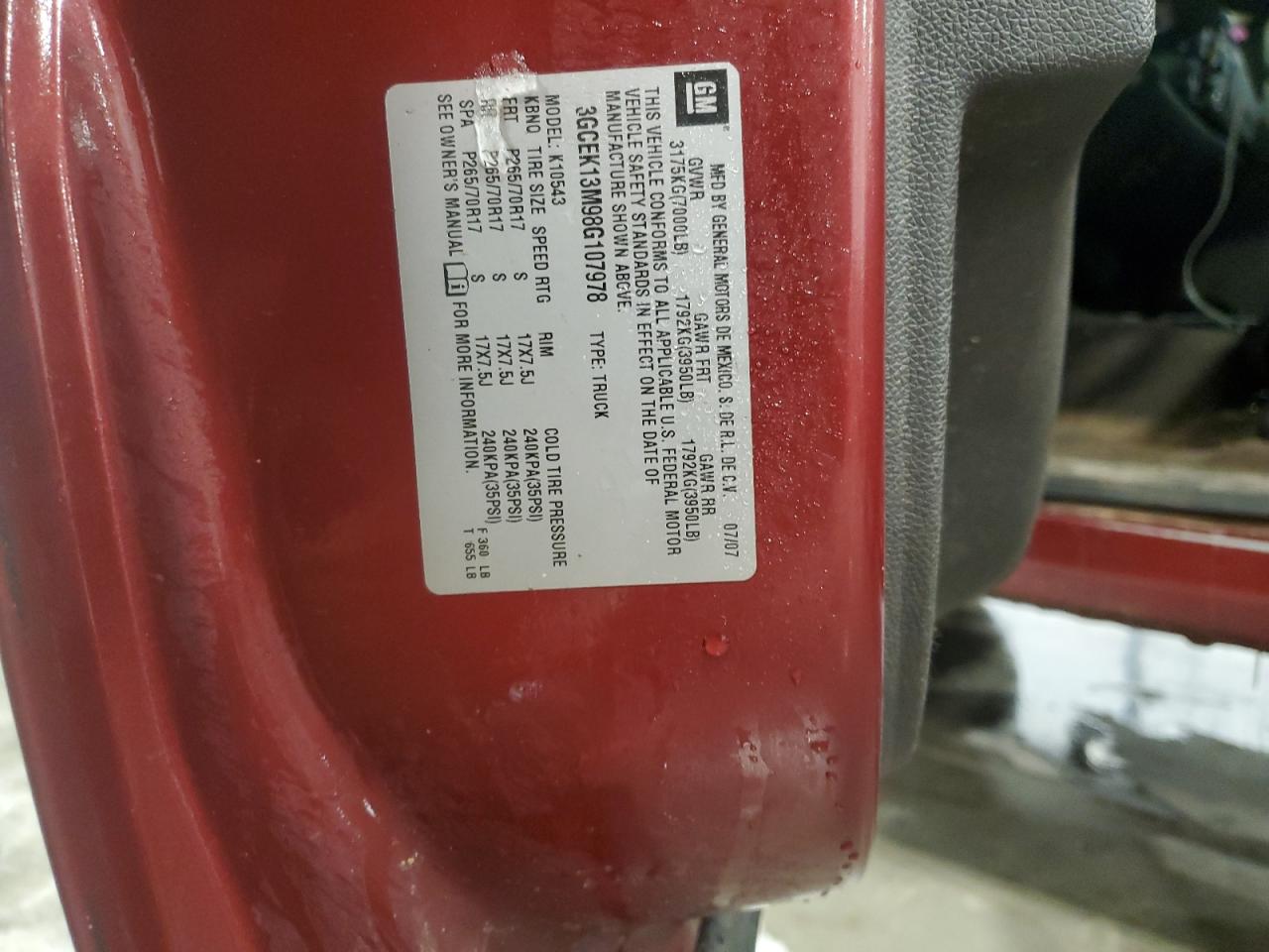 2008 Chevrolet Silverado VIN 3GCEK13M98G107978 Copart auction photo, side damage thumbnail 12