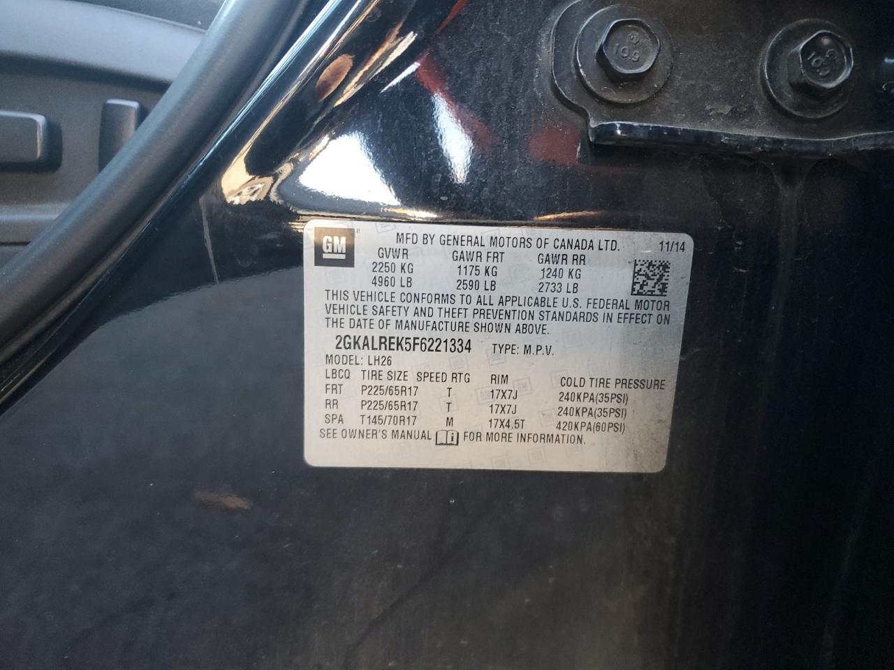 2015 GMC Terrain VIN 2GKALREK5F6221334 Copart auction photo, front end damage thumbnail 13