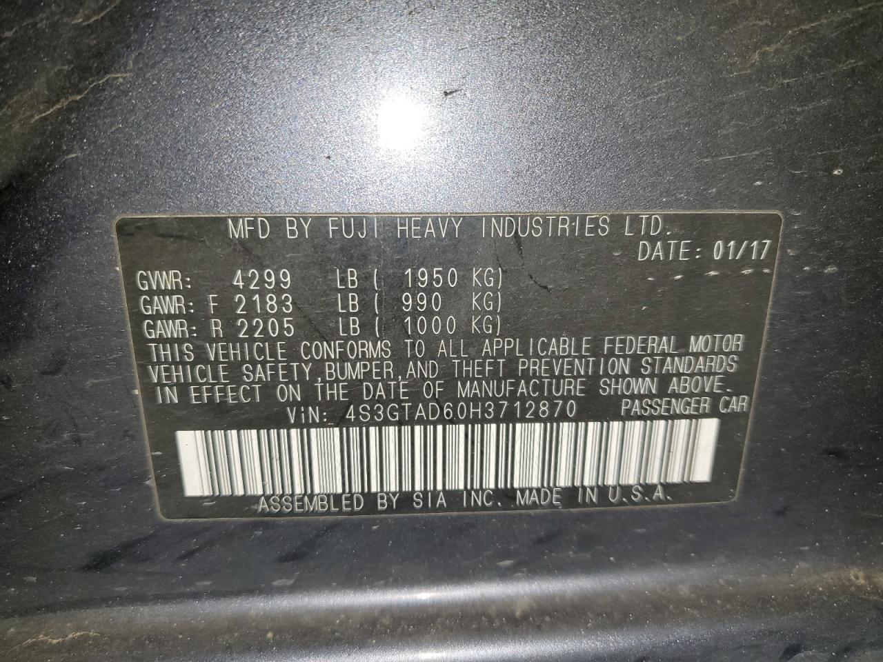 2017 Subaru Impreza VIN 4S3GTAD60H3712870 Copart auction photo, front end / rear end damage thumbnail 12