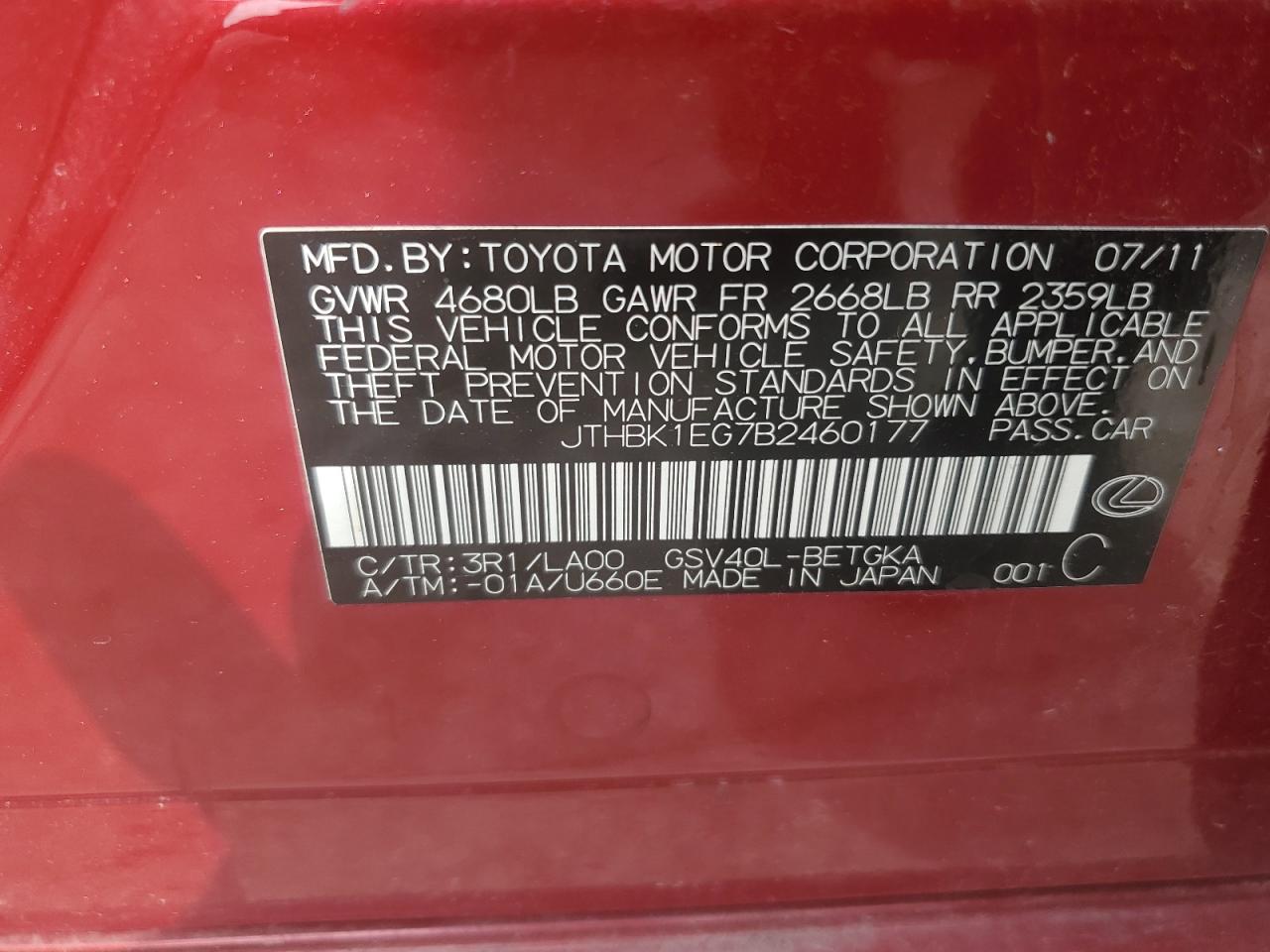 2011 Lexus ES VIN JTHBK1EG7B2460177 Copart auction photo, front end damage thumbnail 12