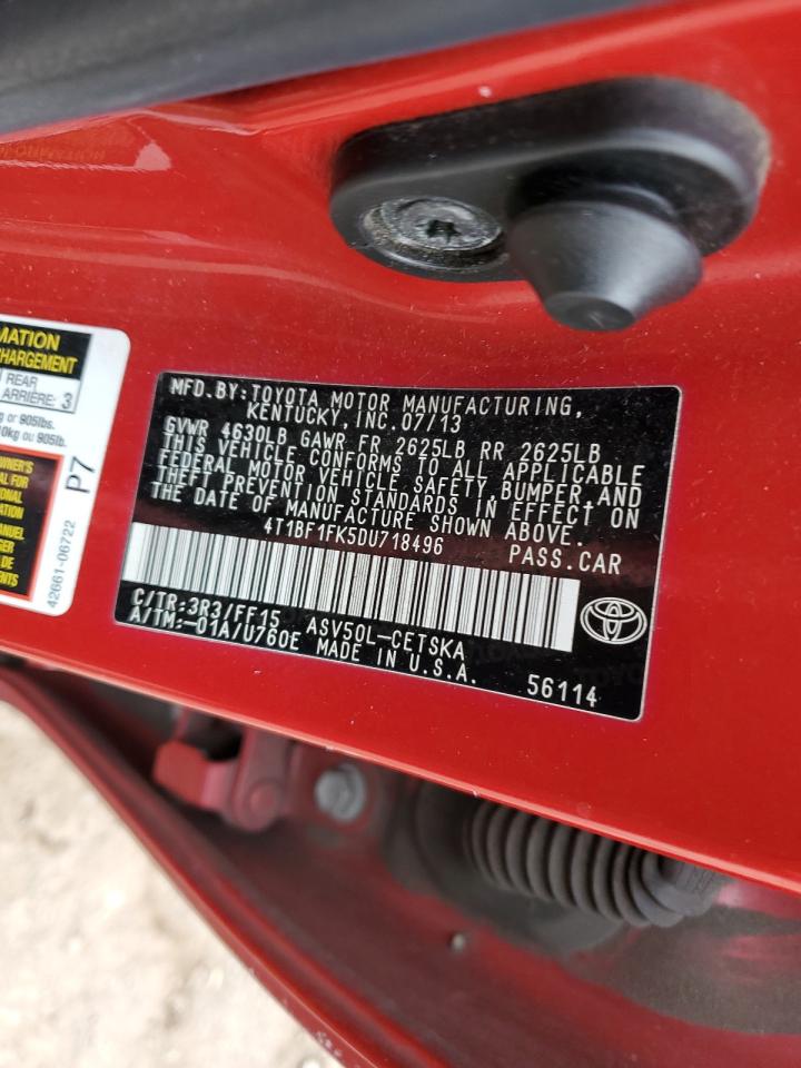 2013 Toyota Camry VIN 4T1BF1FK5DU718496 Copart auction photo, front end / side damage thumbnail 12