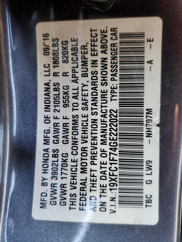 2016 Honda Civic VIN 19XFC1F74GE222022 Copart auction photo, rear end / front end damage thumbnail 12