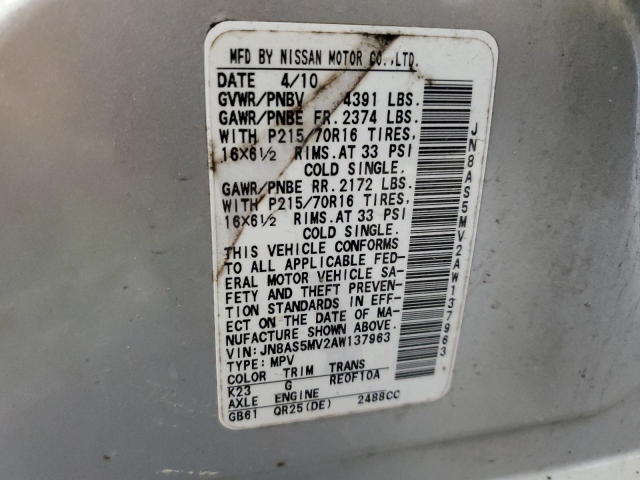 2010 Nissan Rogue VIN JN8AS5MV2AW137963 Copart auction photo, minor dent/scratches damage thumbnail 13