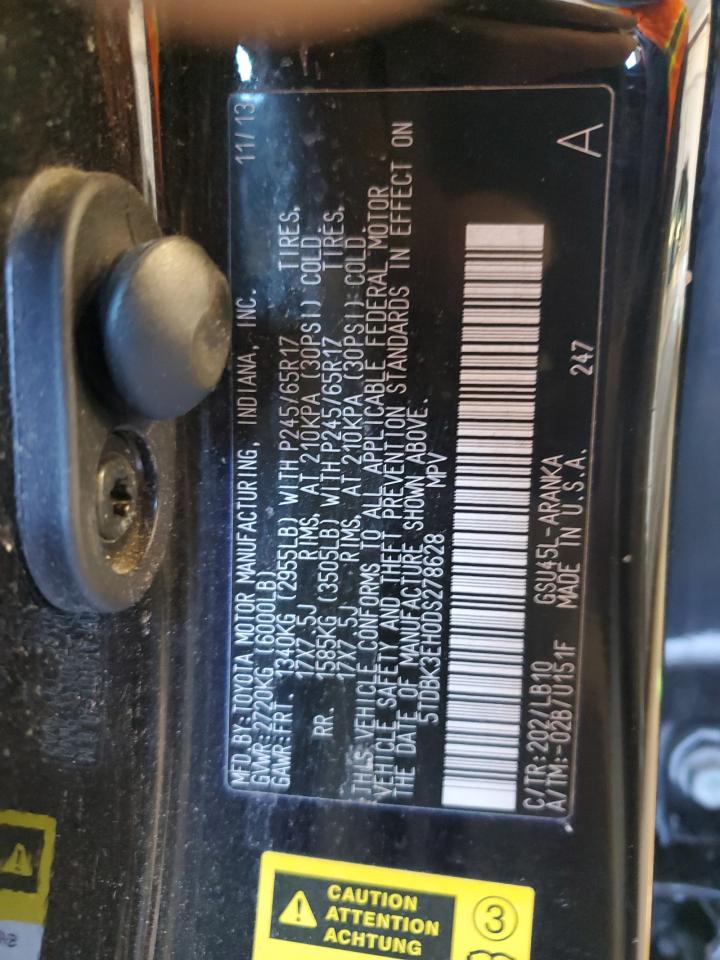 2013 Toyota Highlander VIN 5TDBK3EH0DS278628 Copart auction photo, front end damage thumbnail 14