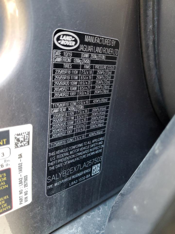 2020 Land Rover Range Rover VIN SALYB2EX7LA257503 Copart auction photo, front end damage thumbnail 13