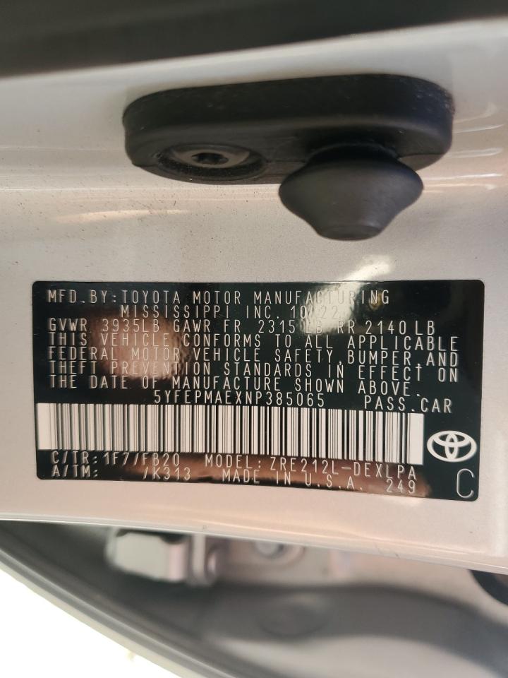 2022 Toyota Corolla VIN 5YFEPMAEXNP385065 Copart auction photo, front end / undercarriage damage thumbnail 14