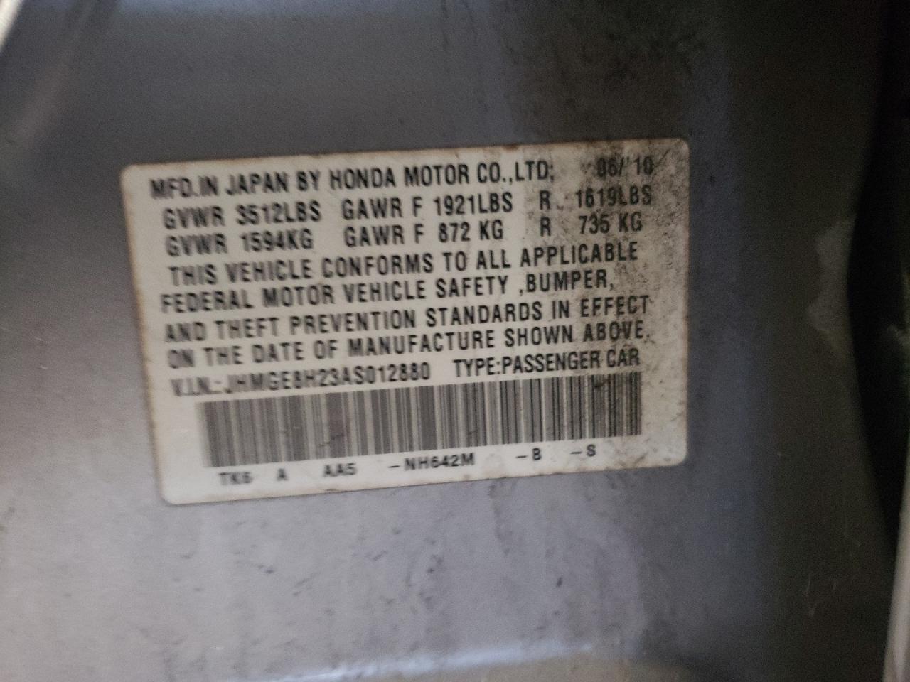 2010 Honda Fit VIN JHMGE8H23AS012880 Copart auction photo, side damage thumbnail 15